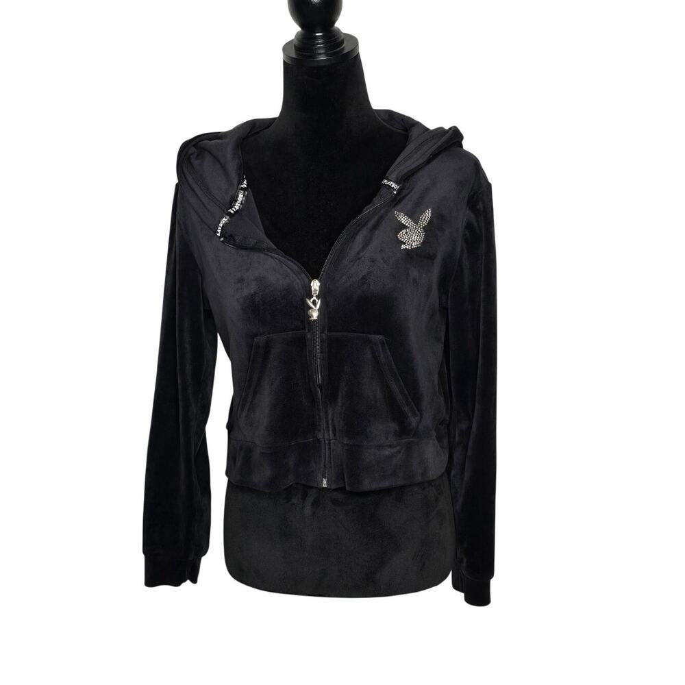Playboy Black Velour Rhinestone Zip Hoodie Women’s Large Y2K Bunny Logo McBling